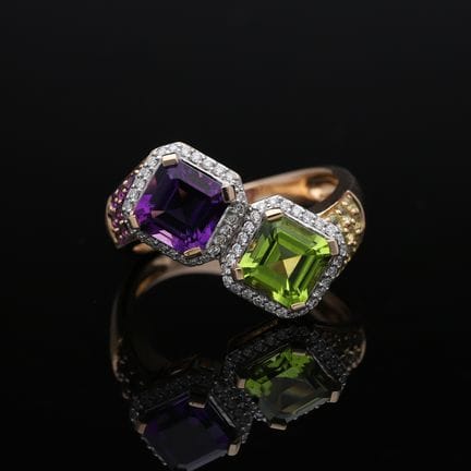 Ring 2,69 ct. Diamonds, Amethysts, Peridots 585 Ro