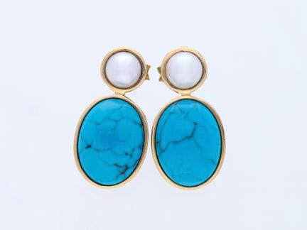 Orecchini 8,00 ct. Turchesi, Perle Akoya 585 Oro r