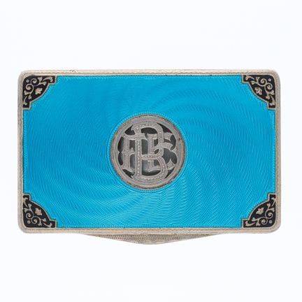 Silver case with turquoise enamel, vine leaf decor