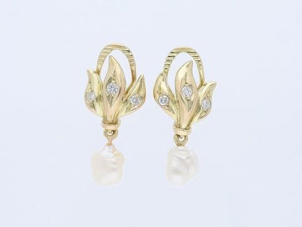 Orecchini 0,20 ct. Diamanti, Perle 585 Oro giallo 
