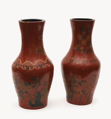 CHINA
Pair of red Beijing lacquer baluster vases w