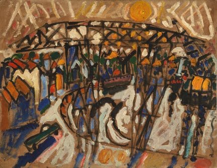 阿曼德·阿夫里尔（1926-2025）
阳光下的桥式起重机码头，1995
厚纸上油画与水粉画，左下角