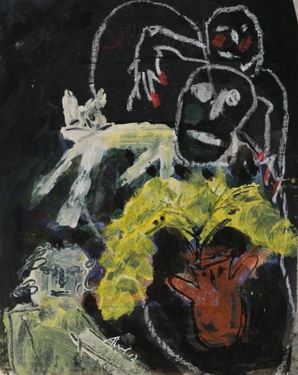 阿曼德·阿维尔（1926-2025）
人物、猫与含羞草，2013
综合材料，粉彩、水粉和墨水（钢笔与