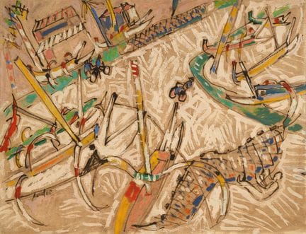 阿曼德·阿夫里尔（1926-2025）
《在港口骑行的自行车手》，2005年
油画与水粉画，绘于厚纸