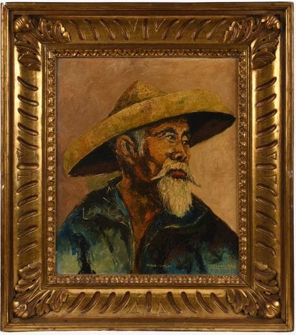 现代画派
《老苦力》
木板油画，右下角署名“Morin”，底部中央标有标题。