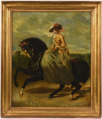 19世纪法国画派，勒费布尔？
《女骑手》
布面油画，背面有签名。
65 x 54 厘米。
已重新装裱