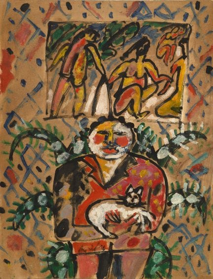 阿曼德·阿维尔（1926-2025）
《与猫共处的人》，1996年
厚纸上油画与水粉画，画面底部中央