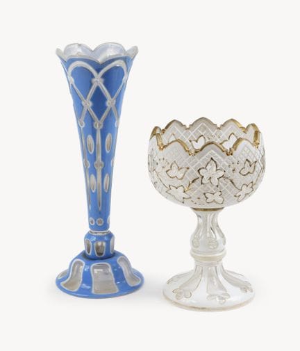 A blue-and-white overlay glass conical vase and a 