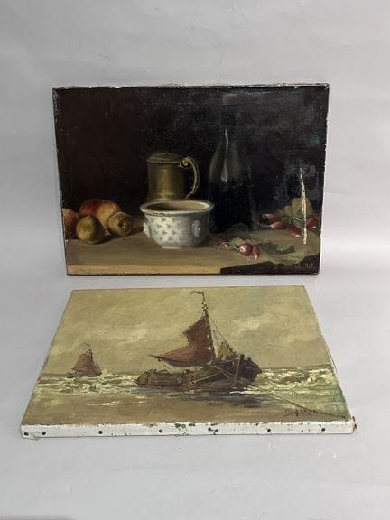 19世纪画派
两幅布面油画：

- 《海景》，右下角有签名。30 x 40 厘米。 
- J. MA