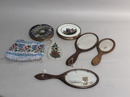 Assortment of various display items: two round box