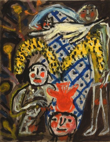 阿曼德·阿维尔（1926-2025）
《猫与含羞草的人物》，2016年
厚纸上油画与水粉画，左下角签