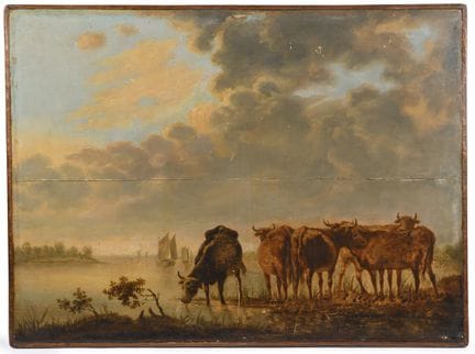 约1800年荷兰画派，据阿尔伯特·库伊普（Albert CUYP）作品改绘
岸边的牛群
橡木板，两块