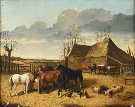 19世纪末英国画派，爱德华·汤普森？
农舍庭院
布面油画，右下角有签名。
33 x 42 厘米。
有