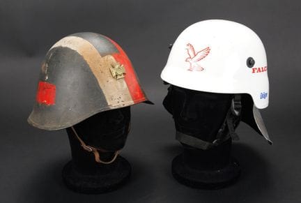 Denmark, set of two firefighter helmets. A Danish 