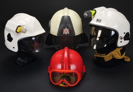 Belgium, set of four modern firefighter helmets. S