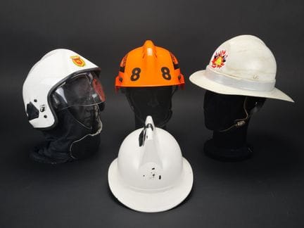 Benelux, set of four firefighter helmets. A Belgia