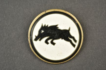 Distintivo smaltato in bianco e nero raffigurante 