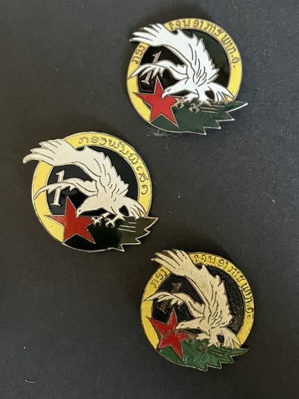 3件套：老挝突击队第1小组“Drago Paris”徽章，其中一枚带铰链别针（别针已断），另一枚无标