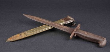 Personalized Garand bayonet. Metal fittings heavil