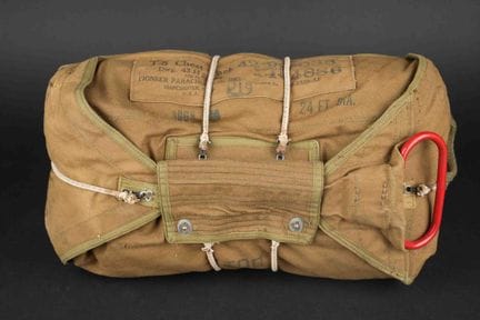 U.S. chest-mounted parachute. Made of heavy-duty O