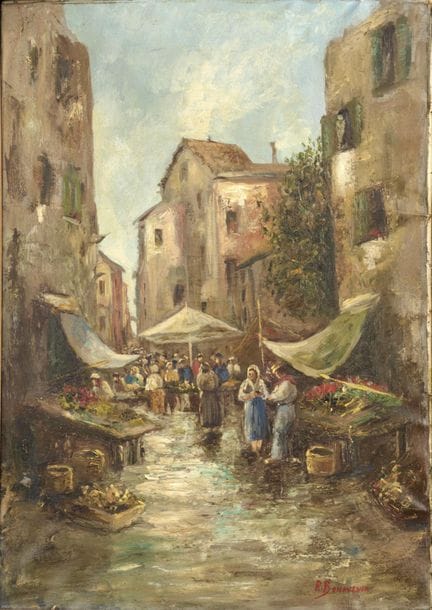 Remo BONAVENIA (XX) Flower Market in an Italian Vi