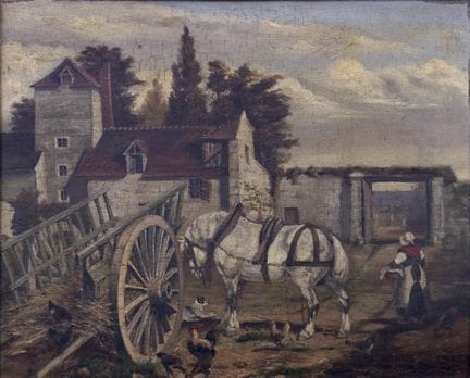 IN AUBRY (19th century). A Percheron horse in a fa