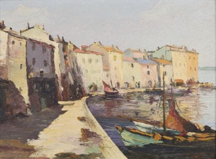 Jean MEGE (XX) Fishing Port in Provence. Oil on pa