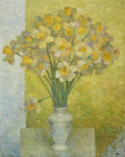 署名画家，黄色花卉静物画
署名画家，黄色花卉静物画，布面油画，右下角署名，背面标注，50 x 39.