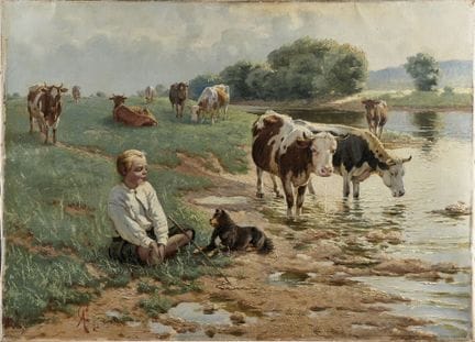 Chelius, Adolf (1856–1923): Shepherd by the River,