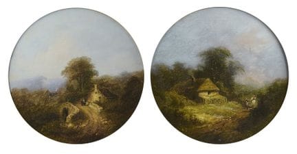 一对圆形风景画，19世纪。
一对圆形风景画，19世纪，画心尺寸 D 33 厘米，画框尺寸 46 × 