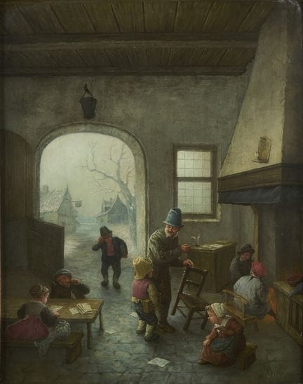 荷兰艺术家，《在学校》
荷兰艺术家，《在学校》，铜板油画，右下角签名（无法辨认），40 x 30.5