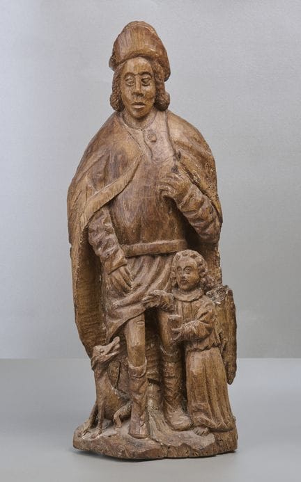 Scultura in legno, con angelo e cane, XVI/XVII sec