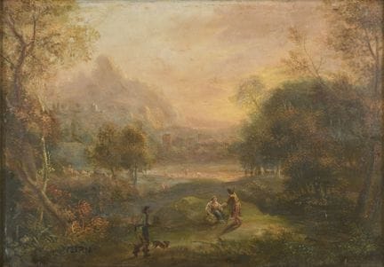 《猎人牧歌风景》，铜板油画，17/18世纪
《猎人牧歌风景》，铜板油画，17/18世纪，23.5 ×