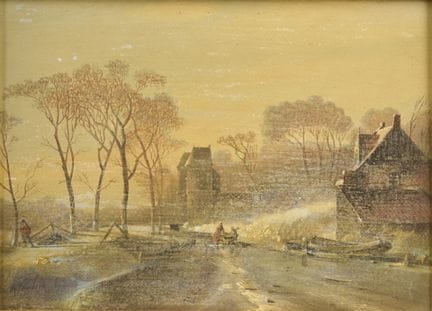 19世纪荷兰画家，《冬日风景与城堡》
19世纪荷兰画家，《冬日风景与城堡》，木板油画，左侧署名，21