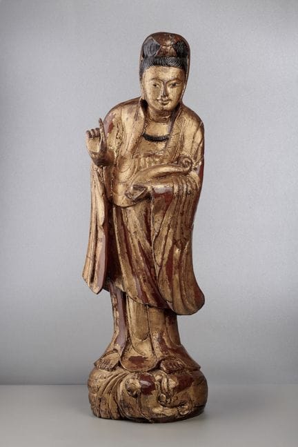 Chinese Buddha sculpture, carved from wood, gilded