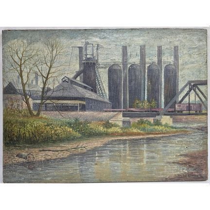 Antique signed Painting Oil on Canvas "Industrial 