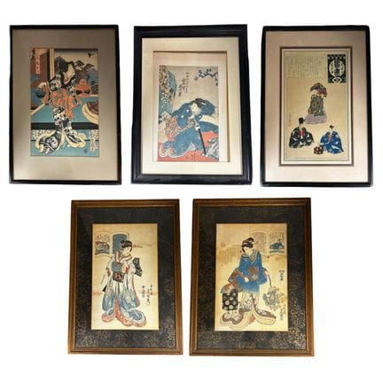 Antique Lot of 5 Japanese Woodblock Prints. 
Condi