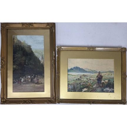 Lot of 2 Antique Paintings. Both Under Glass. 1 Is