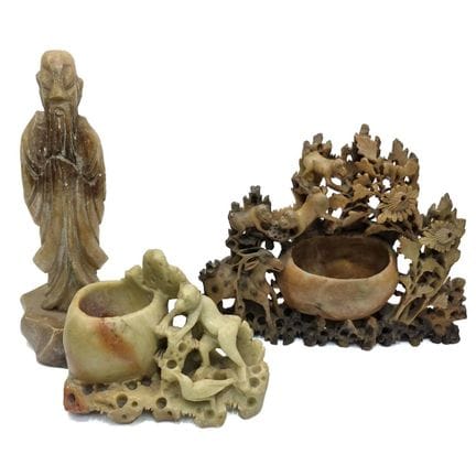 Lot of 3 Chinese Old Carved Soapstone Figures. 2 H