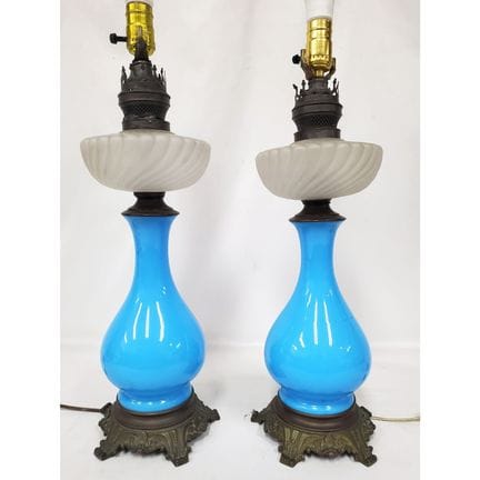 Pair of Early Opaline Glass Vases Mounted As Lamps