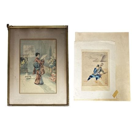 Antique Lot of 2 Japanese Paintings Watercolor on 
