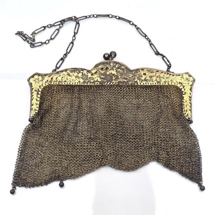 Antique Sterling Silver Mesh Purse w/ Gold Gilt De