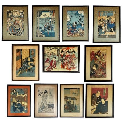 Lot of 11 Antique Japanese Woodblock Prints Includ