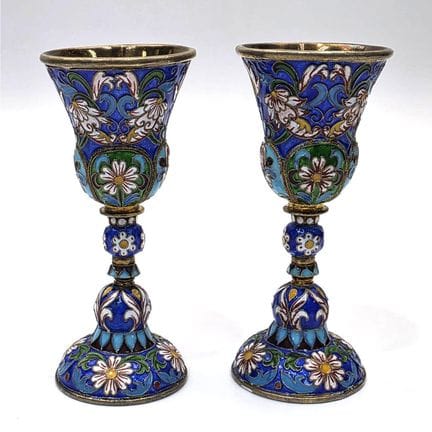 Lot of 2 Vintage Russian-Style Enamel Silver Shots