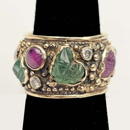 Unusual Large 14K Gold Ring w/ Diamonds, Rubies, E