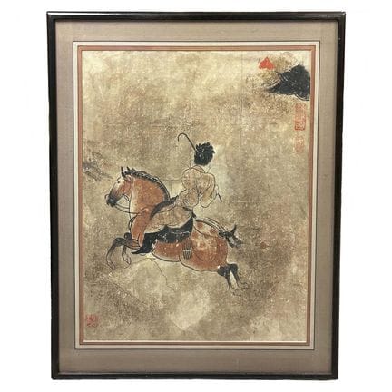 Antique Chinese Hand Painted Woodblock Print "Polo