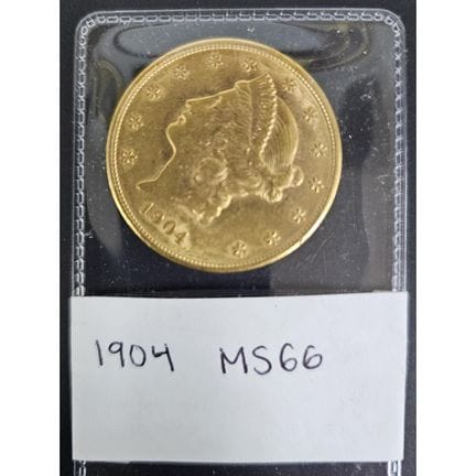1904 Liberty Head $20 Gold Double Eagle Coin with 