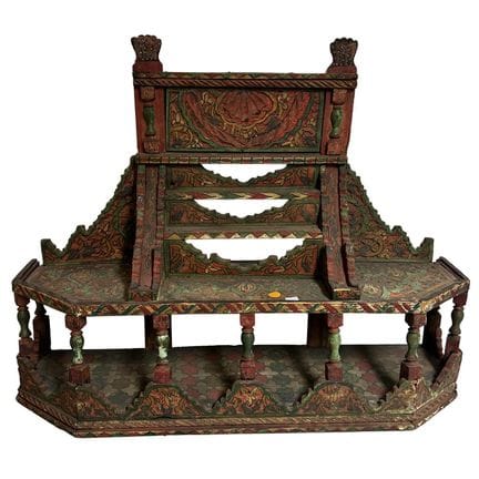 Antique Hand Painted Carved Wood Tiered Wall Shelf