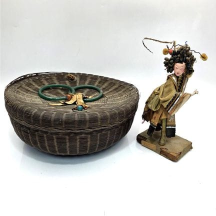 2 Old Chinese Items Including a Woven Basket w/ Ha