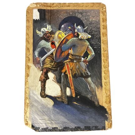 Old Painting Gouache on Board "Medieval Combat" De